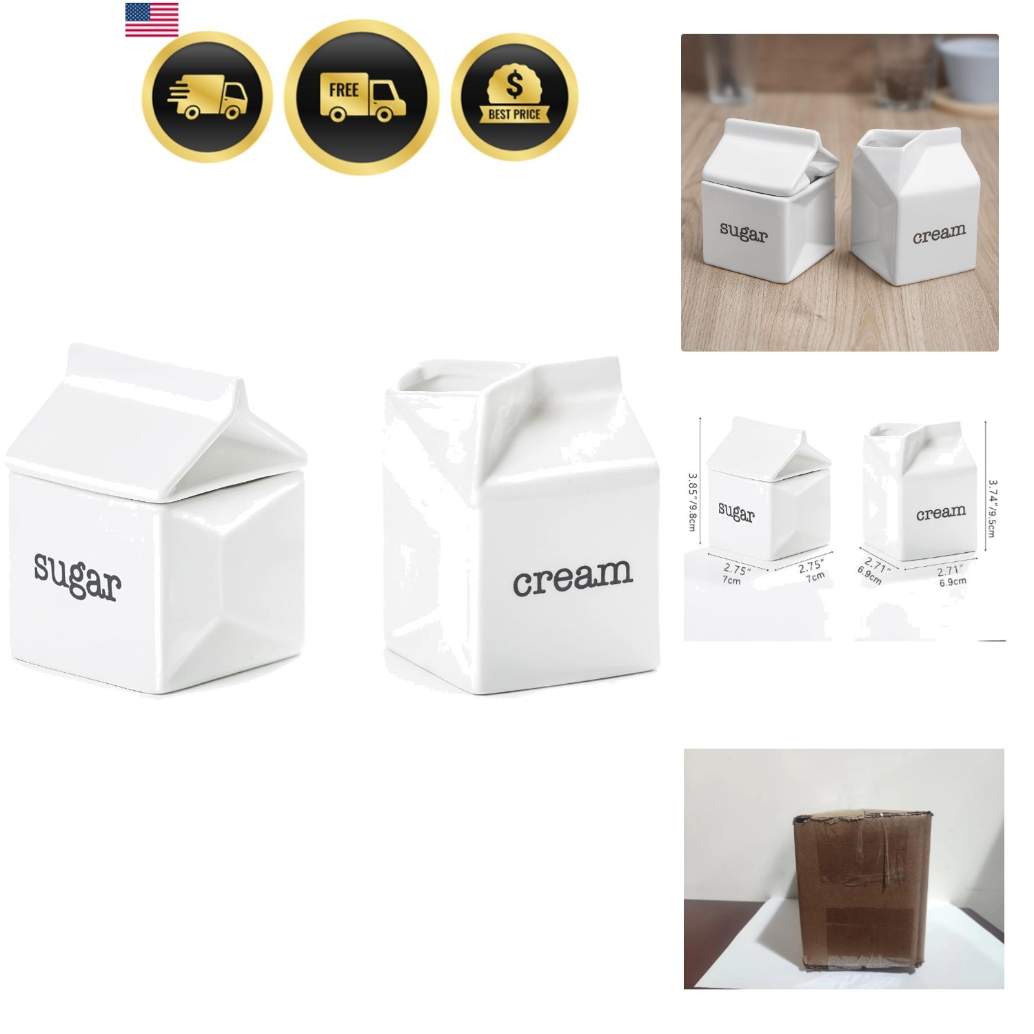 Ceramic Sugar and Creamer Set, Milk Carton Shaped White Cream Jug and Sugar B...
