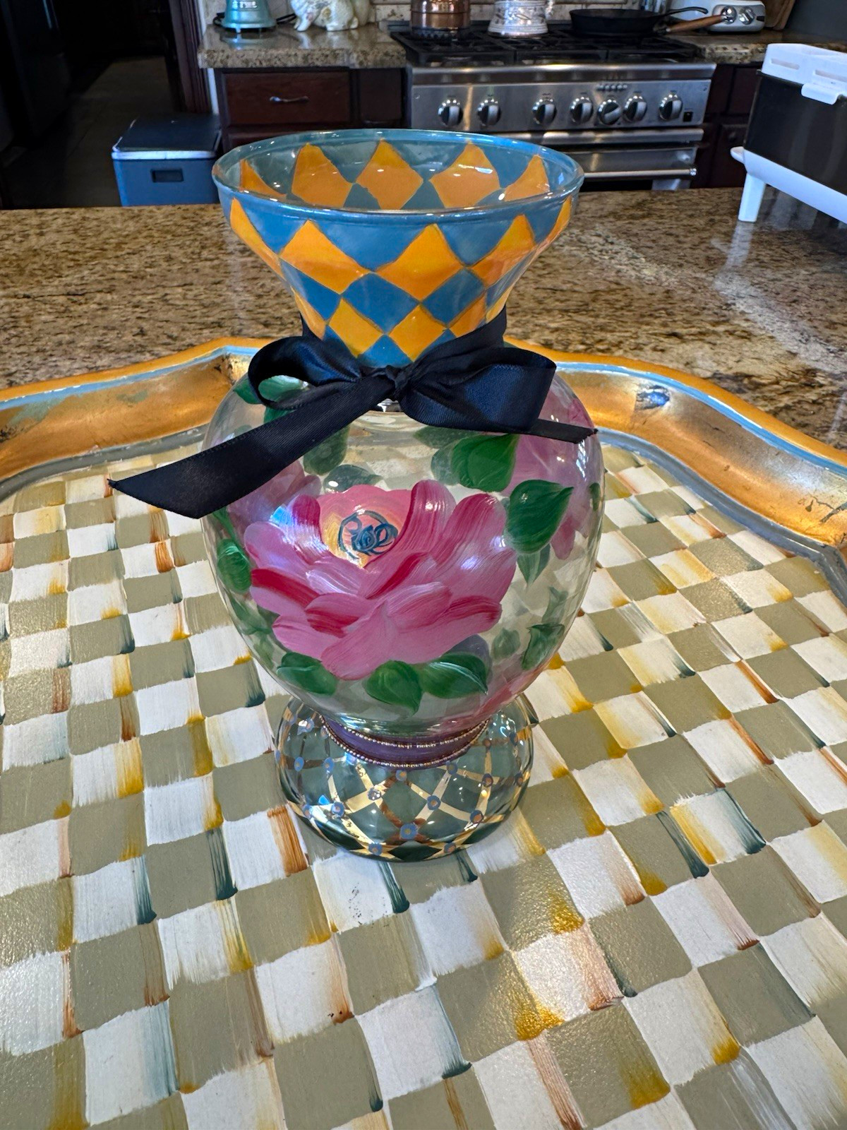 MacKenzie Childs Victoria Richard’s Alma Beth hand painted glass vase 8.25” MacKenzie Childs Victoria Richard’s Alma Beth hand painted glass vase 8.25”