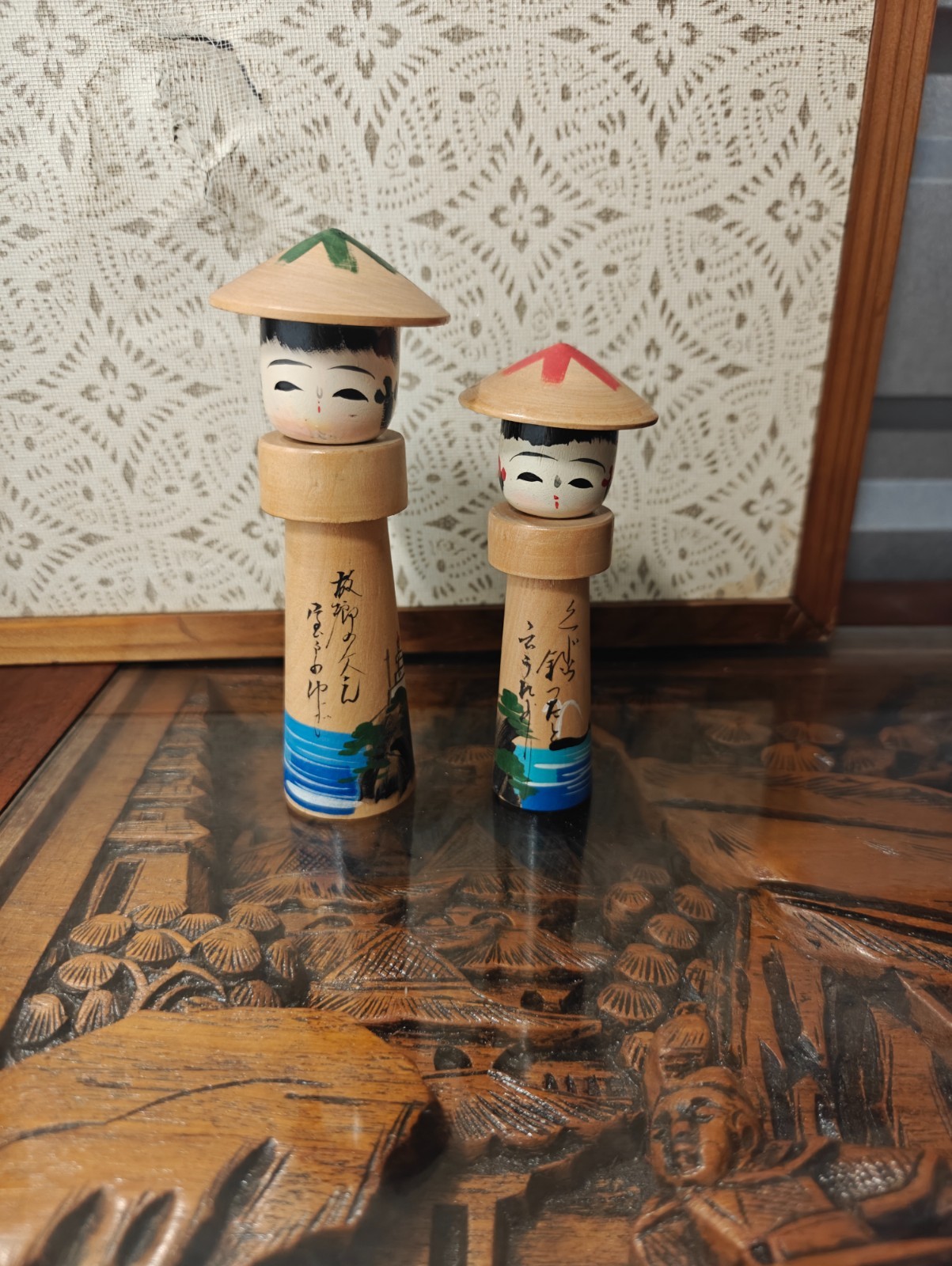 Vintage 1965 Japanese Sosaku Kokeshi Doll Pair Coastal Scene Hand Painted Souven