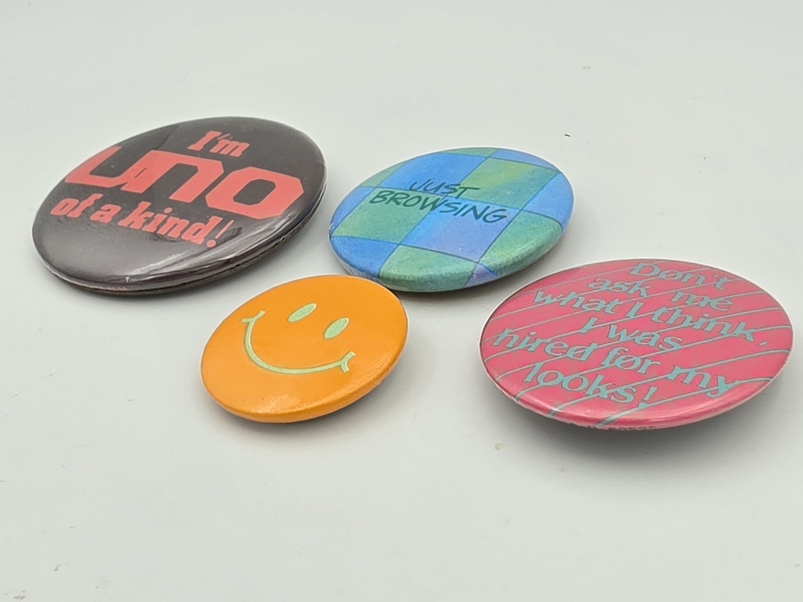 Vintage 1980s Funny Slogan Pinback Buttons Lot of 4 Retro Humor Smiley UNO Vintage 1980s Funny Slogan Pinback Buttons Lot of 4 Retro Humor Smiley UNO