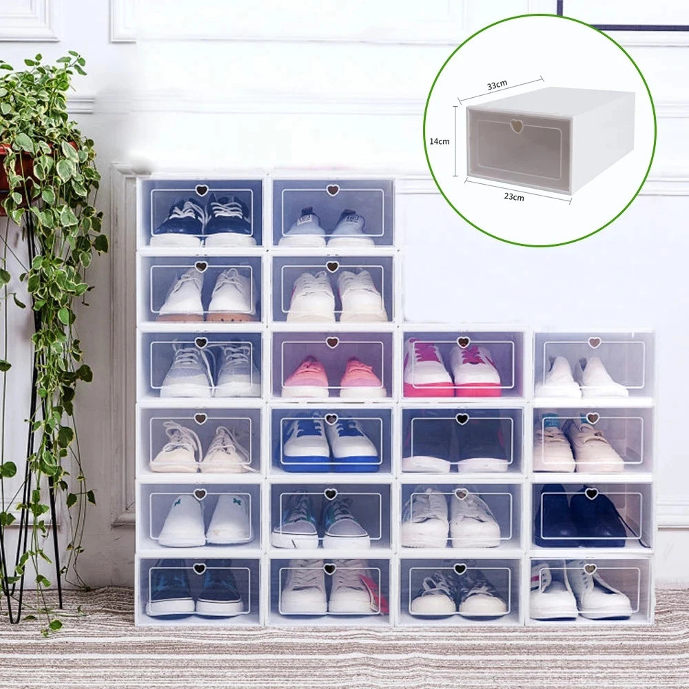 20 Pack Clear Foldable Shoe Storage Boxes Stackable Plastic Organiser 33x23x14cm