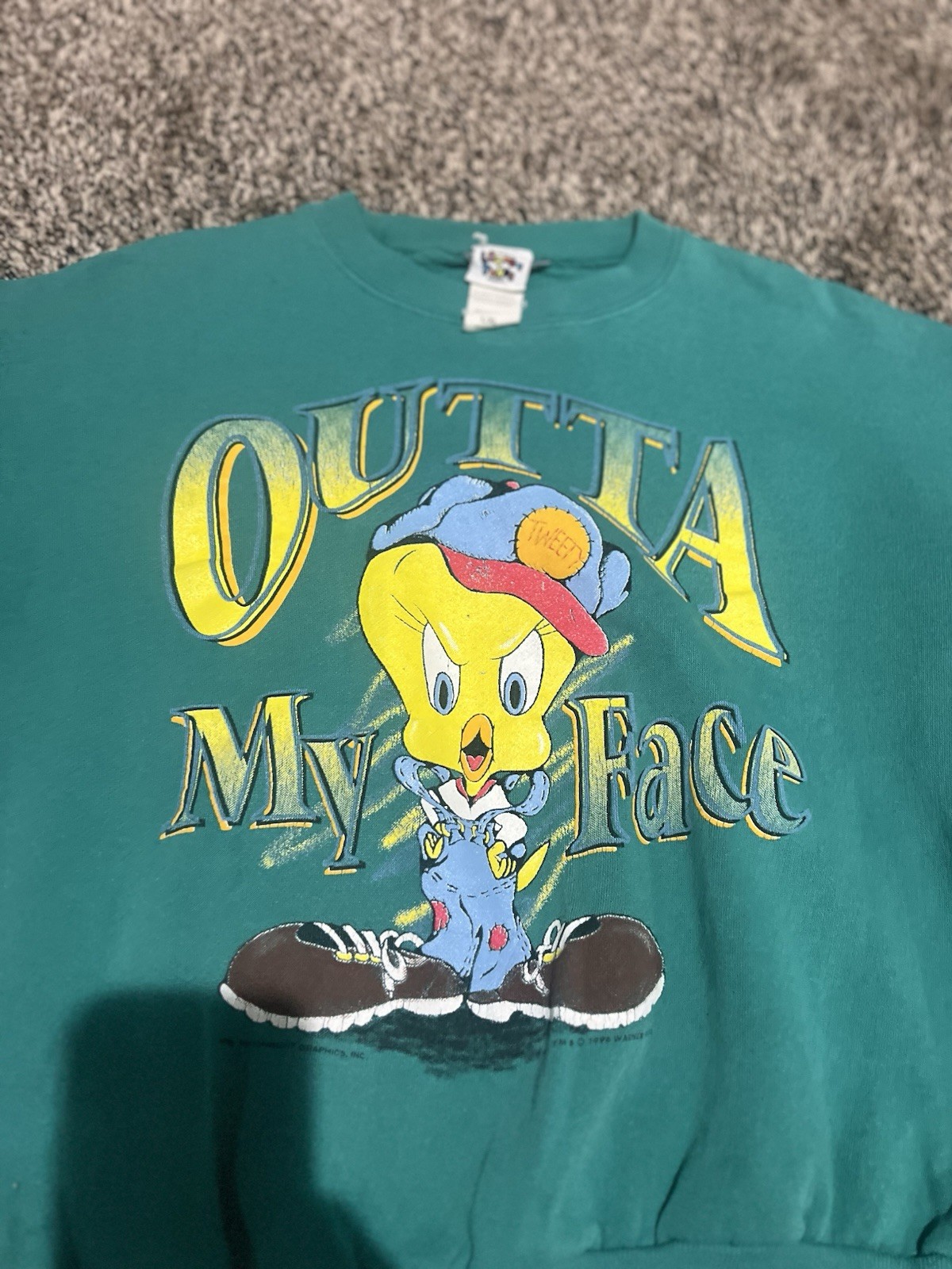 RARE VTG Looney Tunes Tweety Bird OUTTA MY FACE 1996 Size Womens L/XL RARE VTG Looney Tunes Tweety Bird OUTTA MY FACE 1996 Size Womens L/XL
