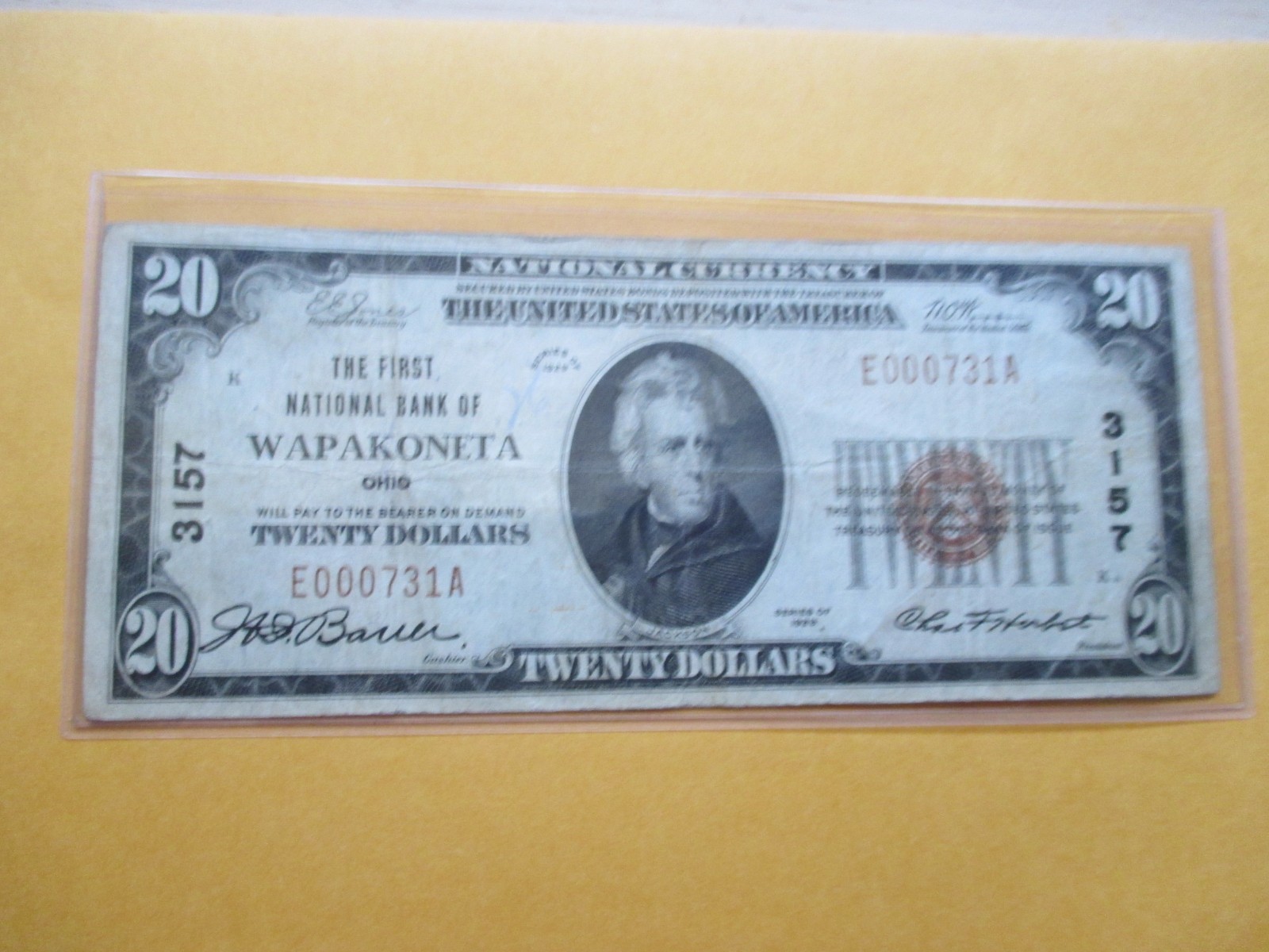 1929 $20 THE FIRST NATIONAL BANK OF WAPAKONETA, OHIO 1929 $20 THE FIRST NATIONAL BANK OF WAPAKONETA, OHIO