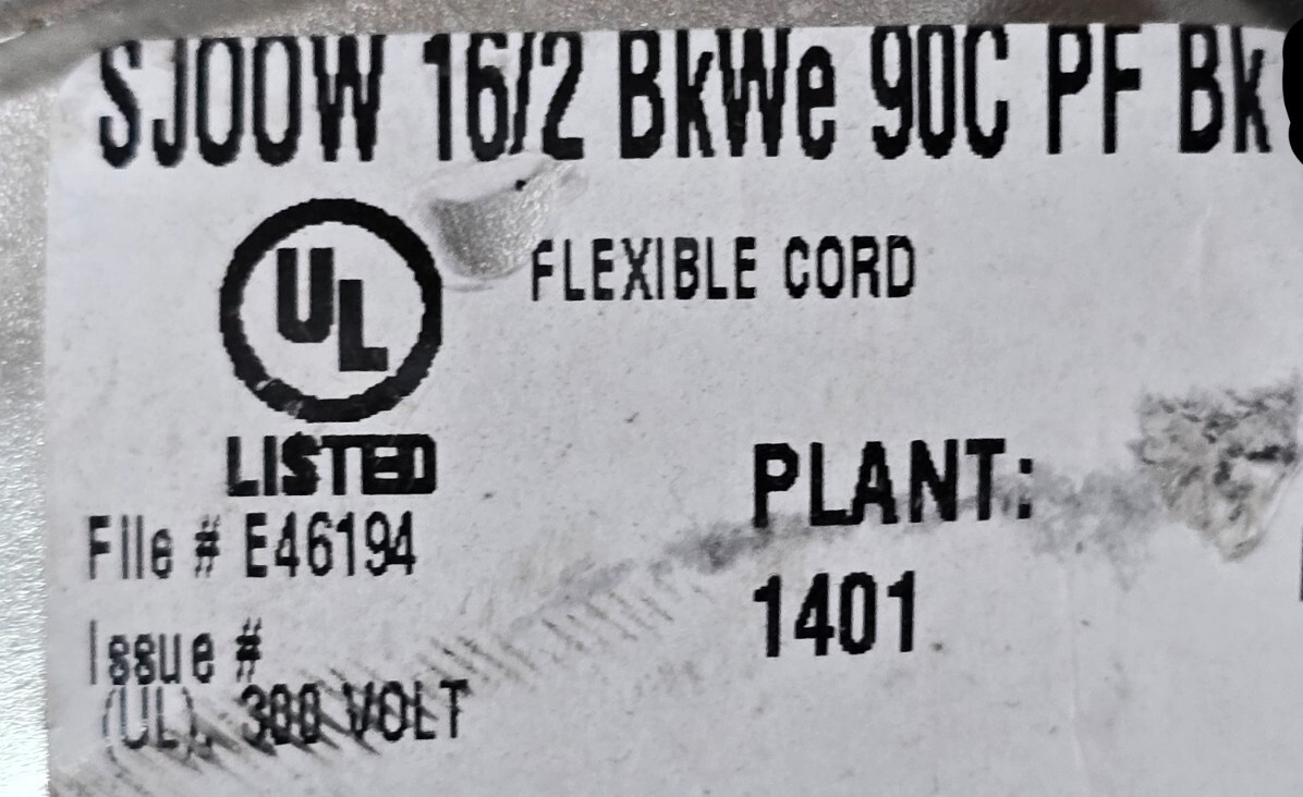 Southwire 16/2C Royal SJOOW 300V 90C CPE Portable Power Cable Cord Black /25ft