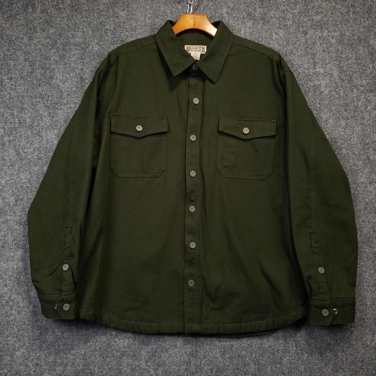 Duluth Hanger Bender Fire Hose Shirt Jacket Chore Coat Mens 2XL Green Snap Up Duluth Hanger Bender Fire Hose Shirt Jacket Chore Coat Mens 2XL Green Snap Up