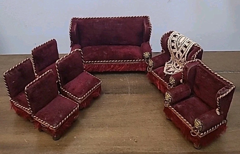 Antique German Dollhouse Parlor Set 7 Sofas Chairs Lion Head Rings Velvet Fringe