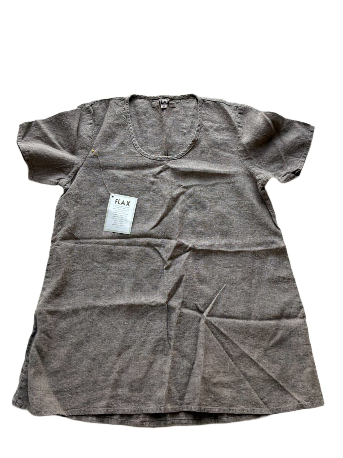 FLAX 100% Linen Tunic Top Womens M Taupe Brown Short Sleeve Scoop Neck NWT Lagen