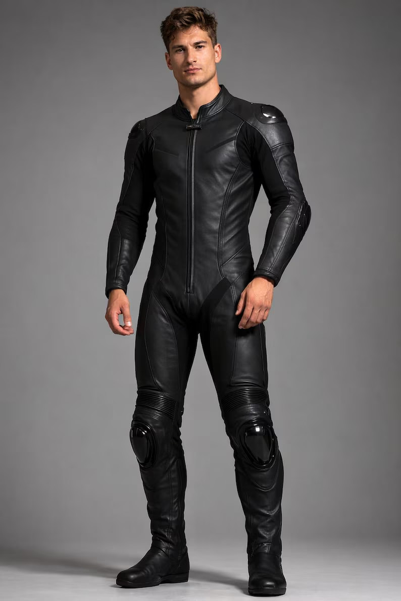 Men\'s Black Leather Motorcycle Racing Suit | One-Piece Biker Gear (Custom Size) Men\'s Black Leather Motorcycle Racing Suit | One-Piece Biker Gear (Custom Size)
