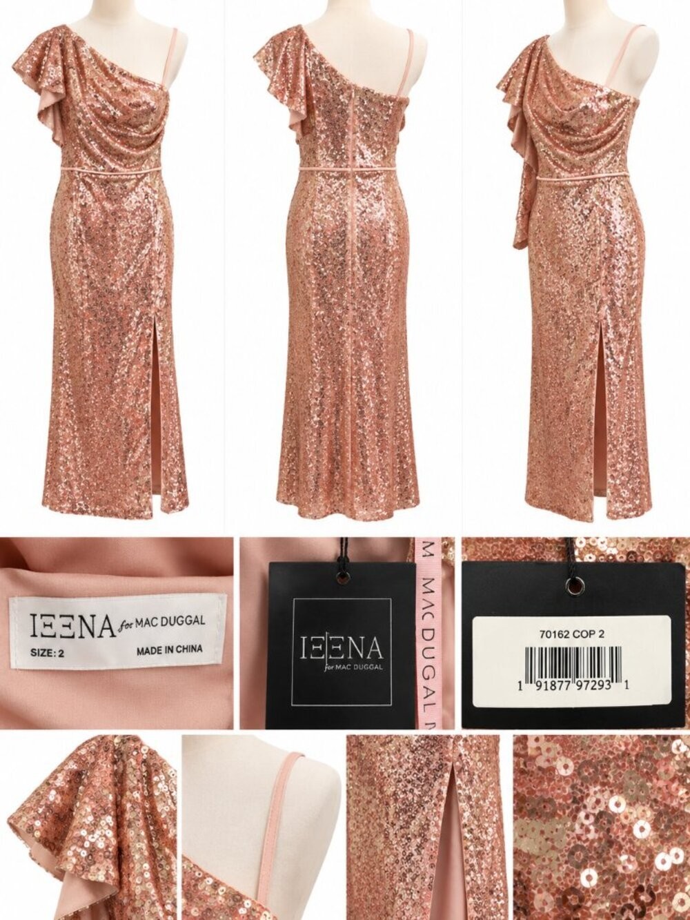 Ieena for Mac Duggal Copper Sequin One-Shoulder Midi Dress – Size 2 – NWT Ieena for Mac Duggal Copper Sequin One-Shoulder Midi Dress – Size 2 – NWT