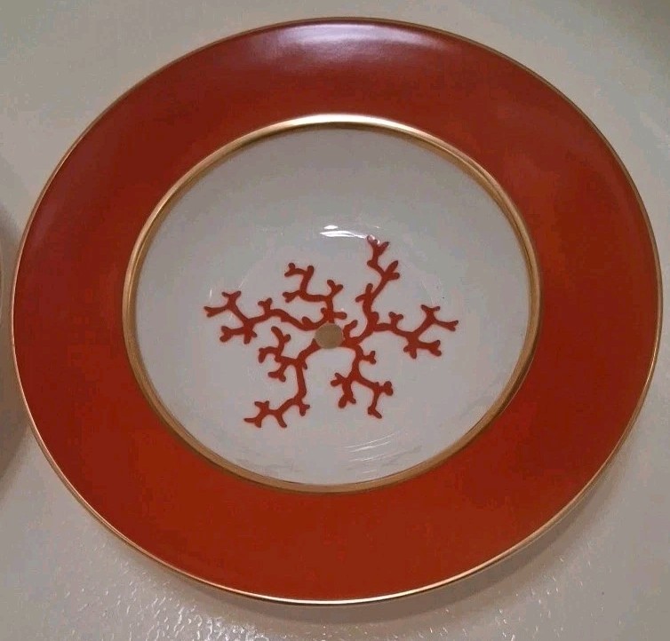 2 Raynaud Cristobal Coral & 24k Gold  Soup Bowl Rim Plate 8.75\