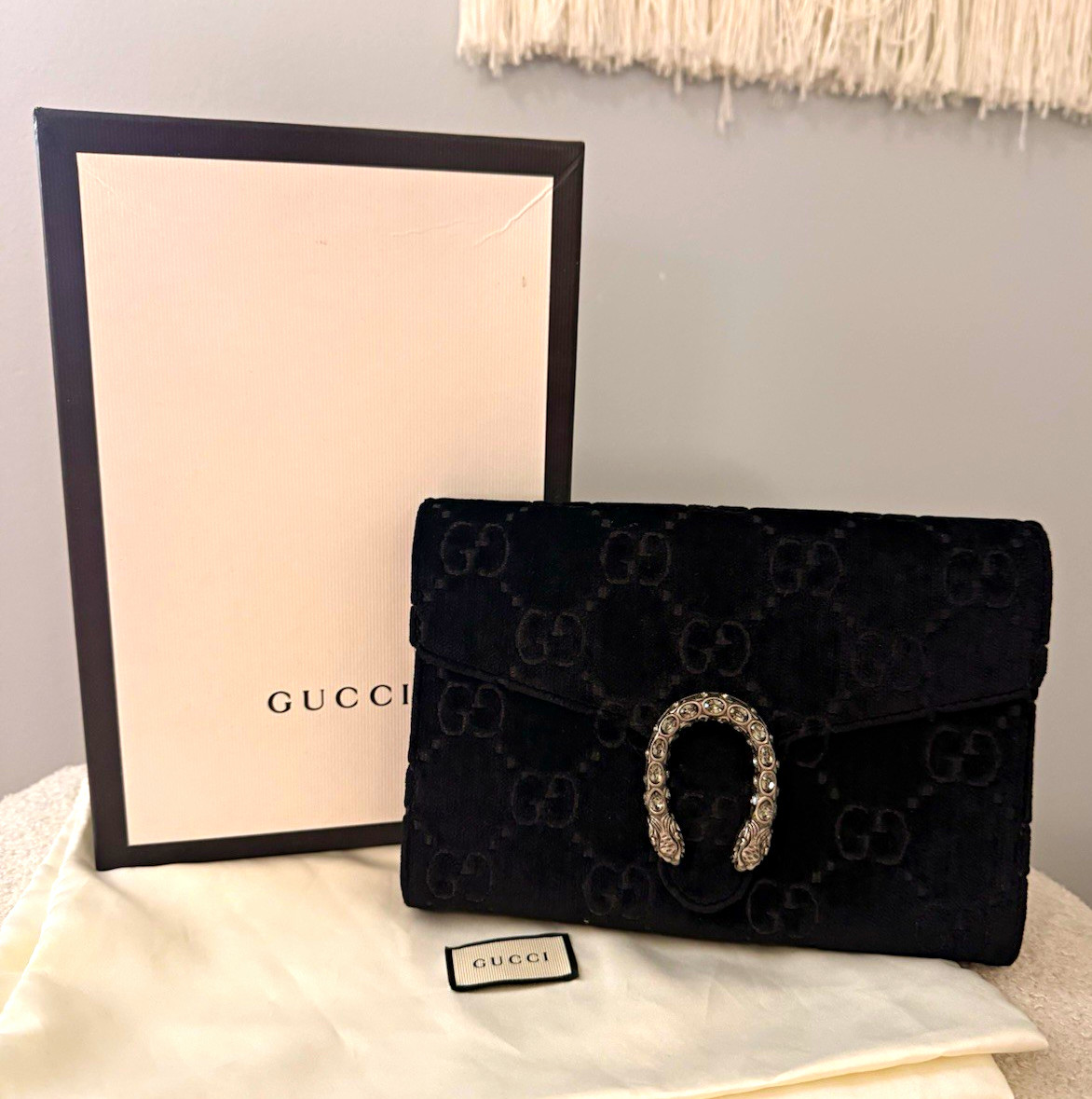 Gucci Dionysus GG Velvet Crystal Chain Wallet Crossbody Black w/ Box & Dust Bag