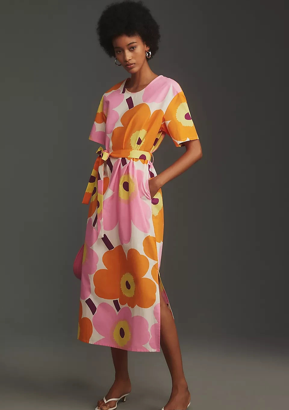 Marimekko Kemut Unikko Poplin Midi Dress Anthropologie Cotton Floral 2 (32) NEW