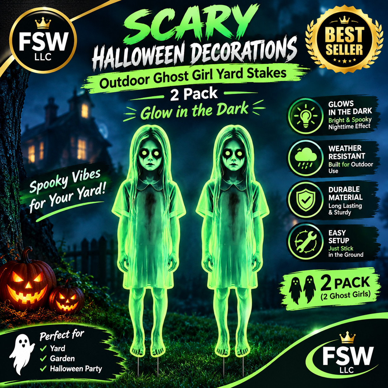 Scary Halloween Decorations Outdoor Ghost Girl Yard Stakes - 2 Pack Glow in the Scary Halloween Decorations Outdoor Ghost Girl Yard Stakes - 2 Pack Glow in the