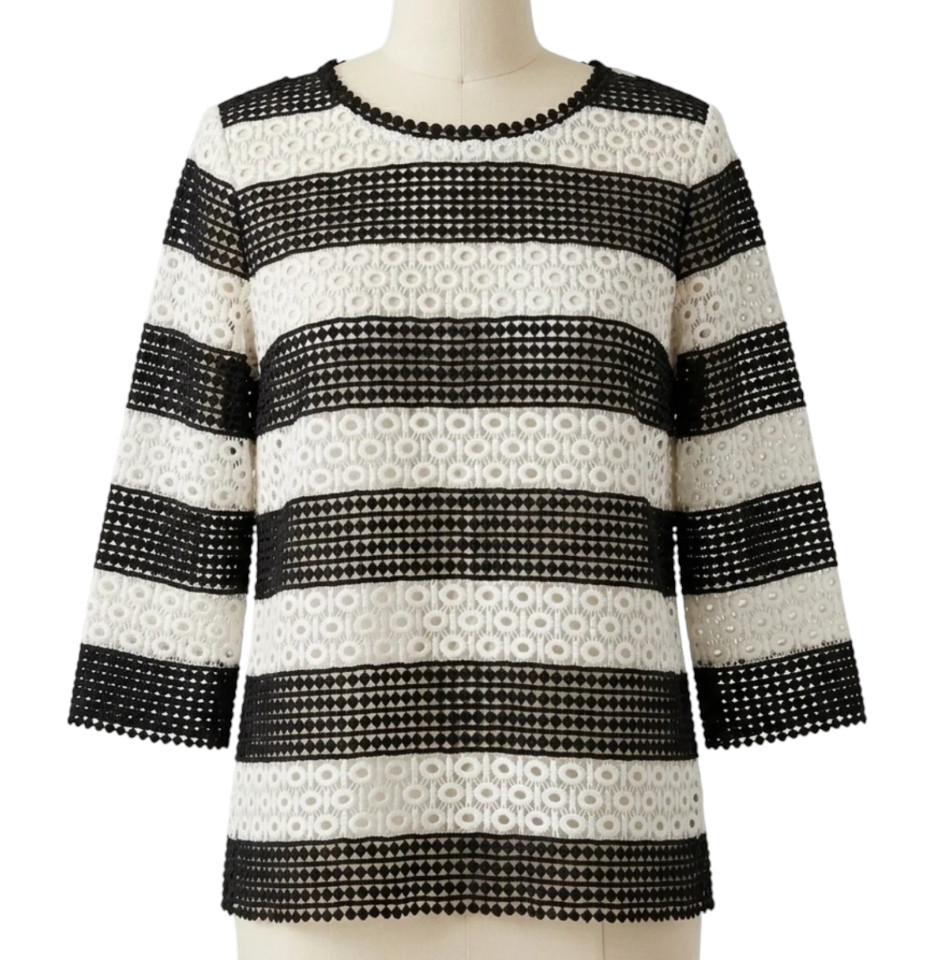 TALBOTS Black & Off-White WIDE STRIPED EYELET LACE Blouse Top Lined LP L-P TALBOTS Black & Off-White WIDE STRIPED EYELET LACE Blouse Top Lined LP L-P