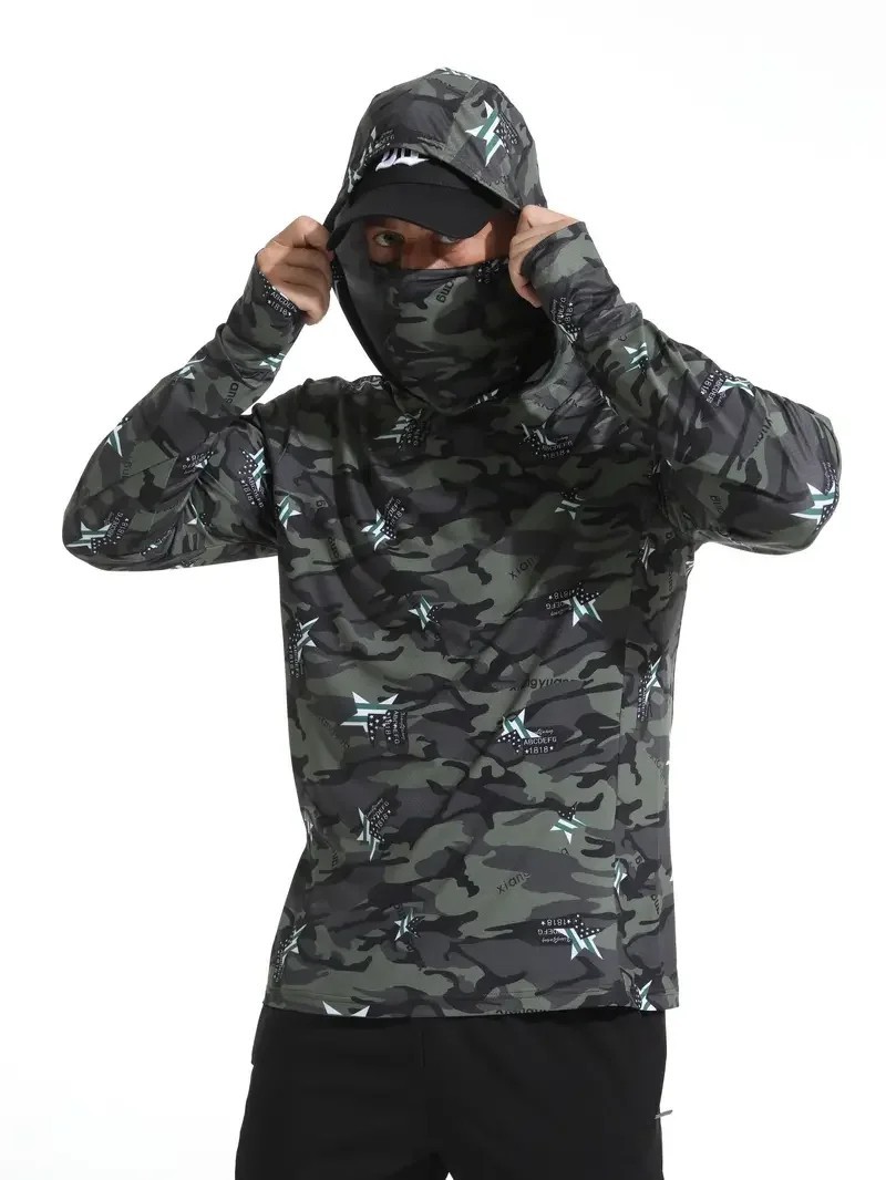 Men\'s UPF 50+ Fishing Hoodie Face Mask Long Sleeve UV Protection Quick Dry Shirt