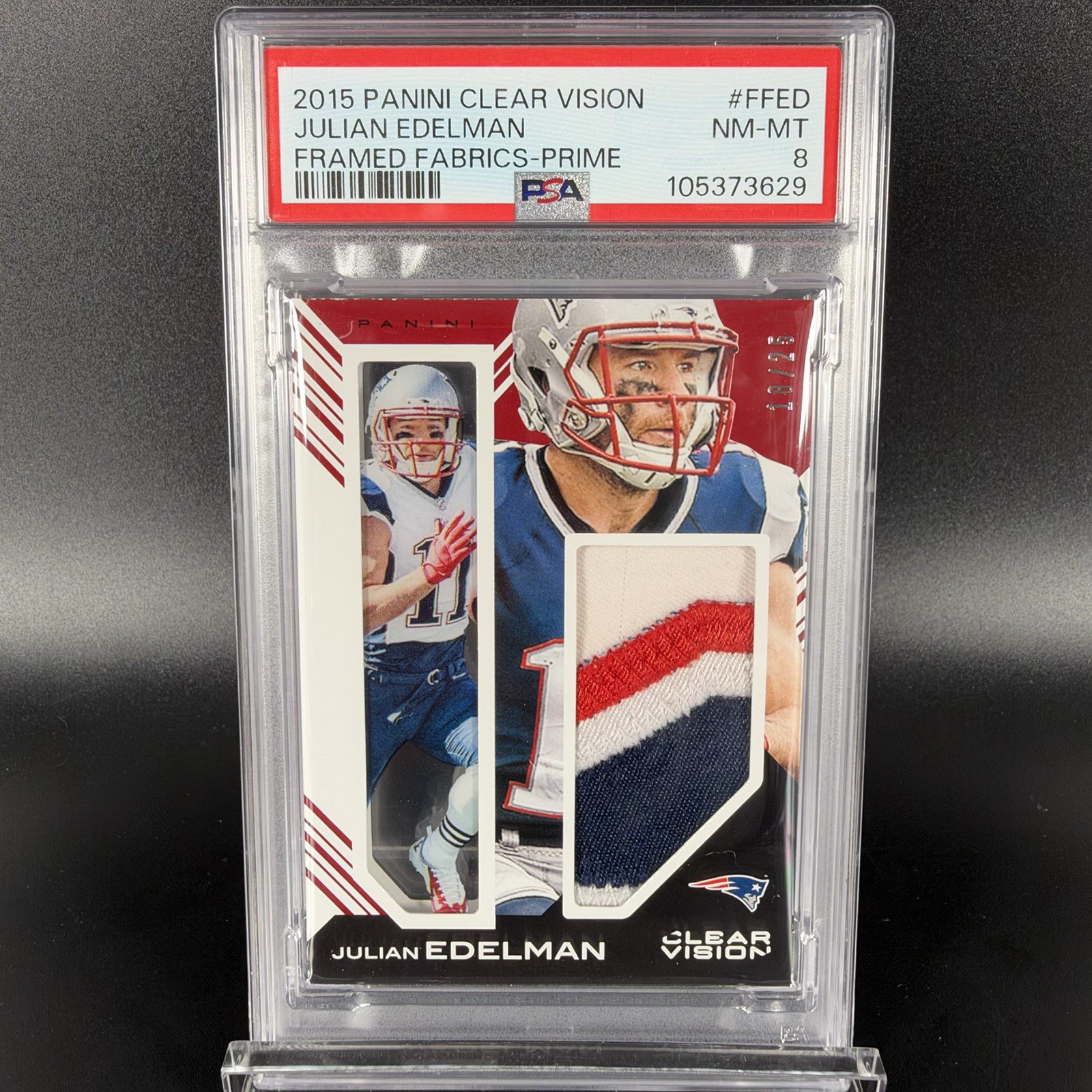 Julian Edelman 2015 Clear Vision Framed Fabrics Game Used Patch 18/25 PSA 8 Julian Edelman 2015 Clear Vision Framed Fabrics Game Used Patch 18/25 PSA 8
