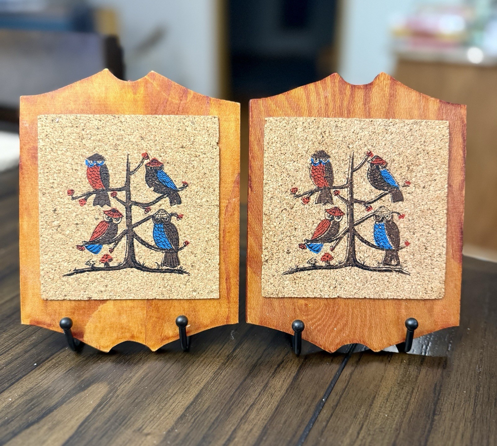 Vintage 1970s Cork Bird Wall Plaques Pair MCM Retro Wood Taiwan 7”