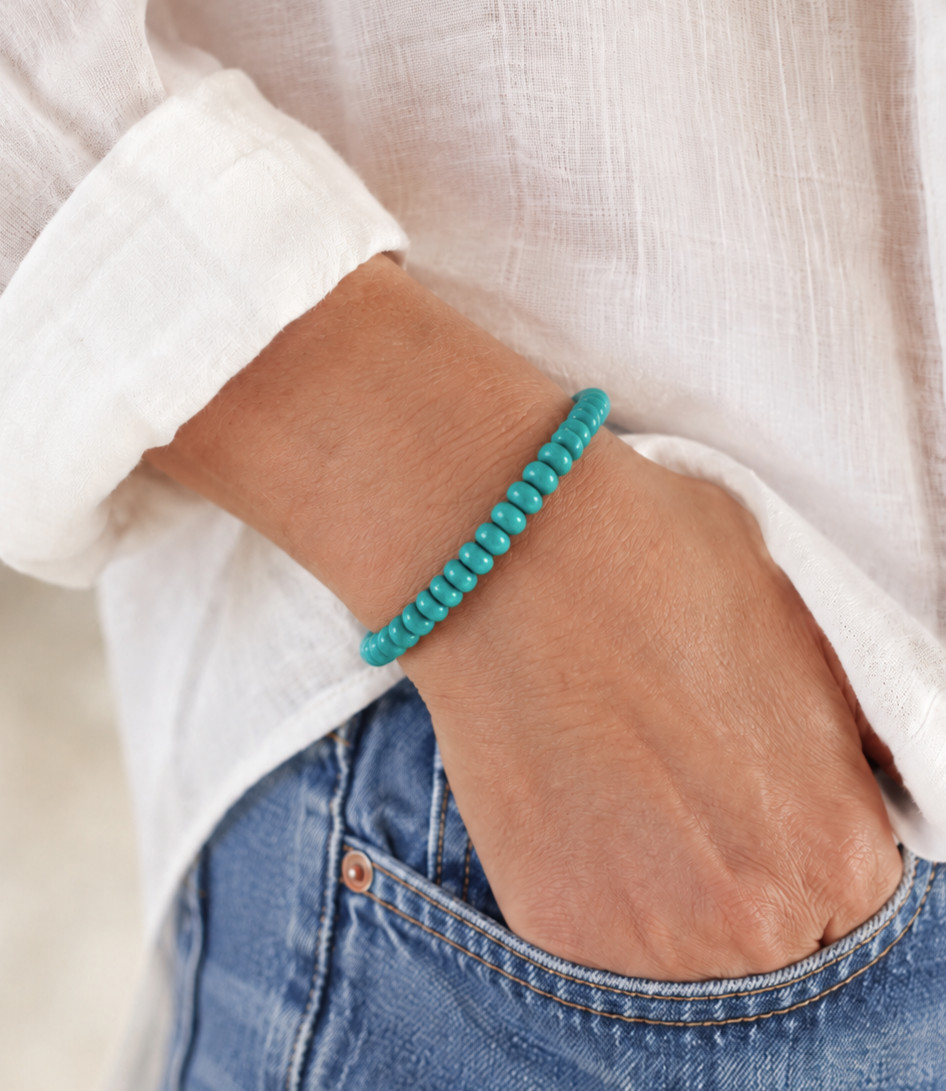 4mm Kingman Arizona Beaded Turquoise Gemstone Bracelet: Sterling Silver or Gold