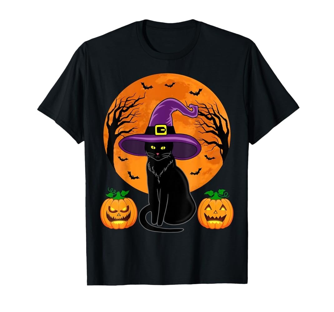 Cute Halloween Black Cat Witch Hat Pumpkin T-Shirt S-5XL Unisex A09
