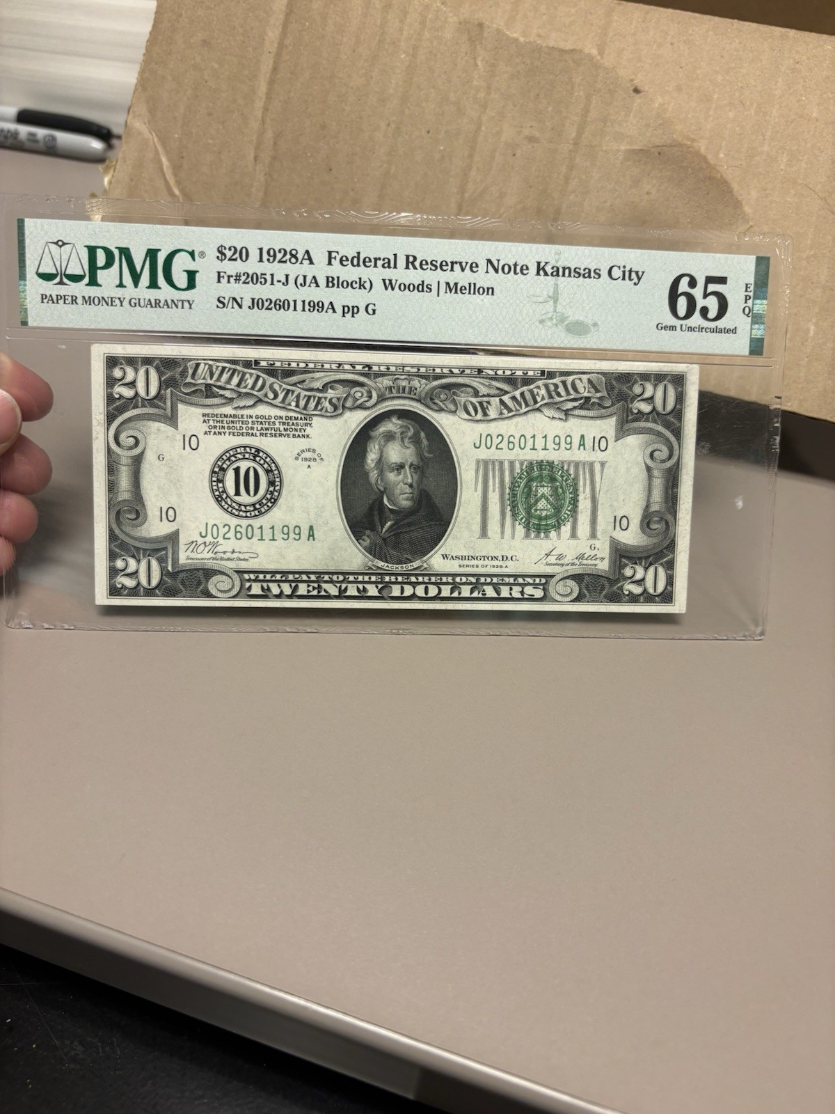 1928A $20 Federal Reserve Note Kansas City FR 2051-J PMG 65 EPQ Gem Uncirculated