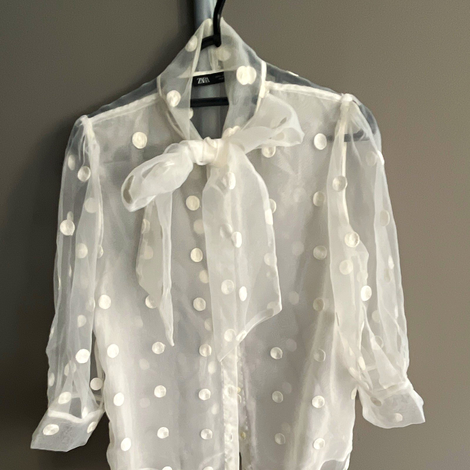 ZARA White Polka Dot Sheer Organza Collared Button Long Sleeve Blouse Size S ZARA White Polka Dot Sheer Organza Collared Button Long Sleeve Blouse Size S