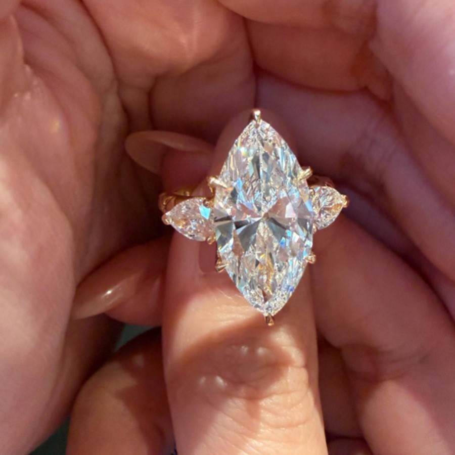 5 Ctw Marquise Cut Moissanite Three Stone Engagement Ring 14K Yellow Gold Plated