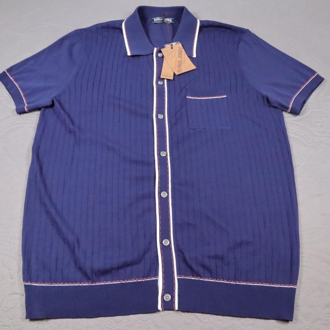 New PJ Paul Jones Knit Button Polo Shirt Mens L Blue Contrast Trim Short Sleeve