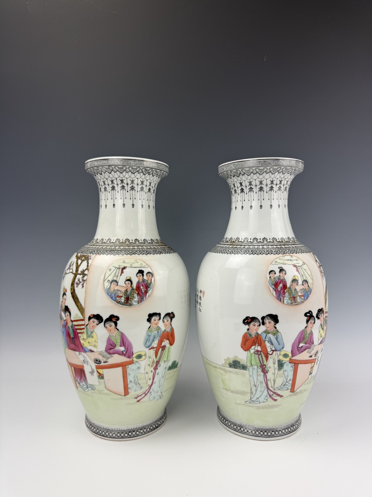 Pair Chinese Famille Rose Porcelain Vase Dream of the Red Chamber Figural Scenes Pair Chinese Famille Rose Porcelain Vase Dream of the Red Chamber Figural Scenes
