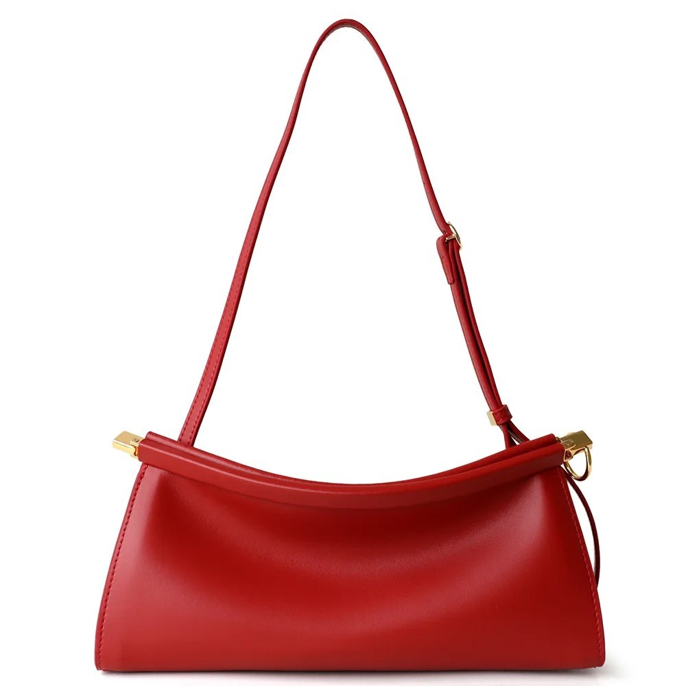 French Baguette Red Leather Shoulder Bag – Elegant Genuine Cowhide Clip Bag