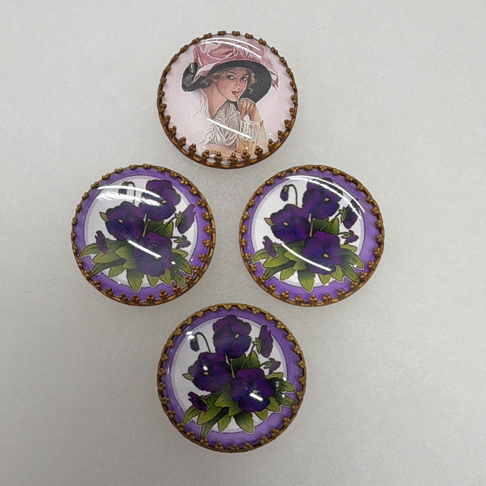 Vintage Czech Glass Style Buttons Lot of 4 Purple Pansies Victorian Lady Vintage Czech Glass Style Buttons Lot of 4 Purple Pansies Victorian Lady