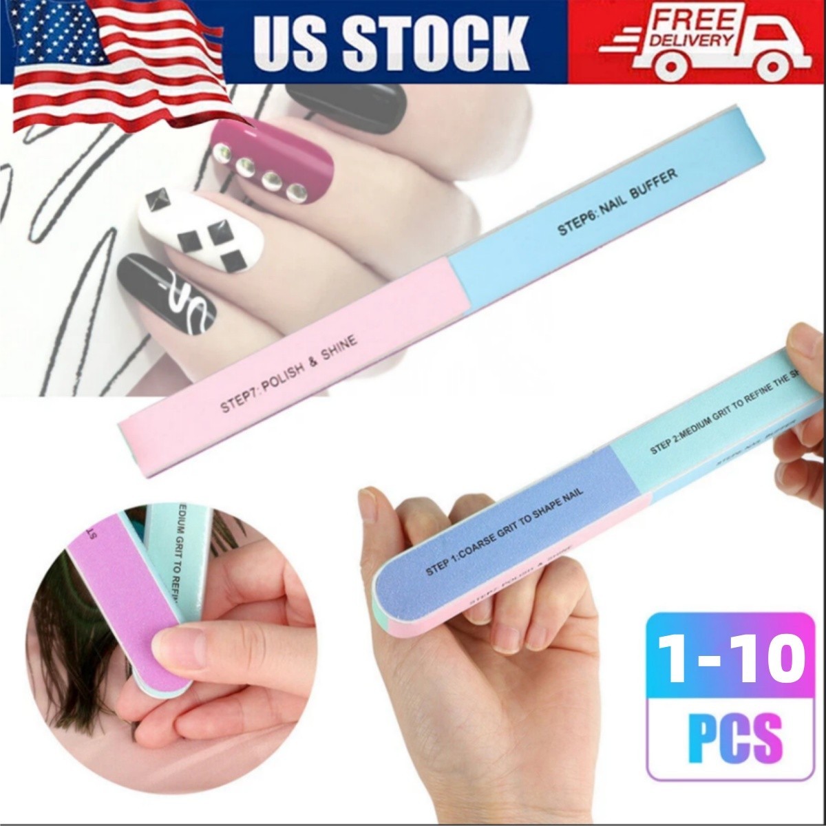 1-10Pcs Manicure Nail File 7 Sided Emery Board Sanding Buffer Shiner File Beauty