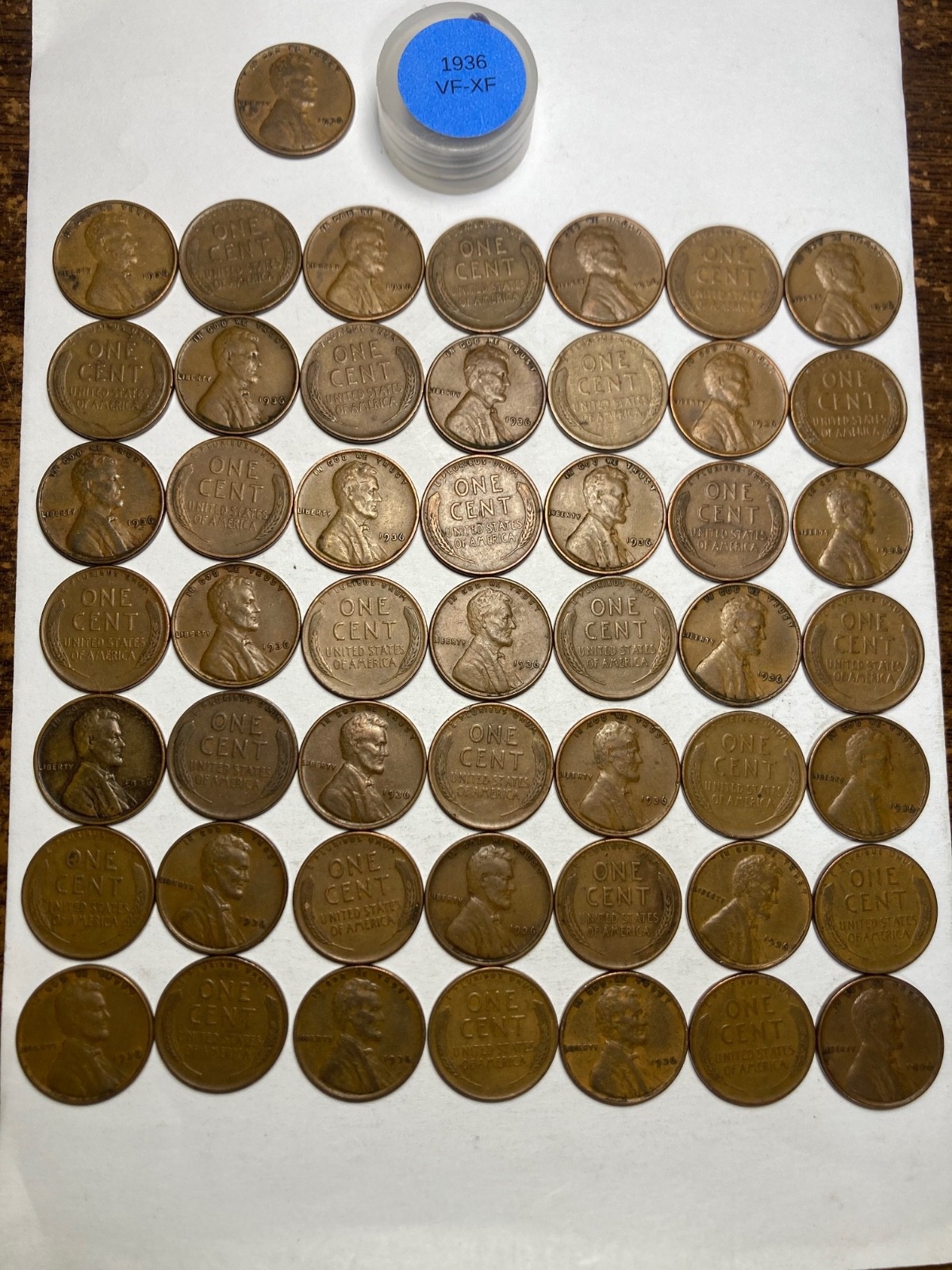 1936 (P) LINCOLN WHEAT CENT PENNY ROLL, 50 COINS, HIGH GRADE VF-XF 1936 (P) LINCOLN WHEAT CENT PENNY ROLL, 50 COINS, HIGH GRADE VF-XF