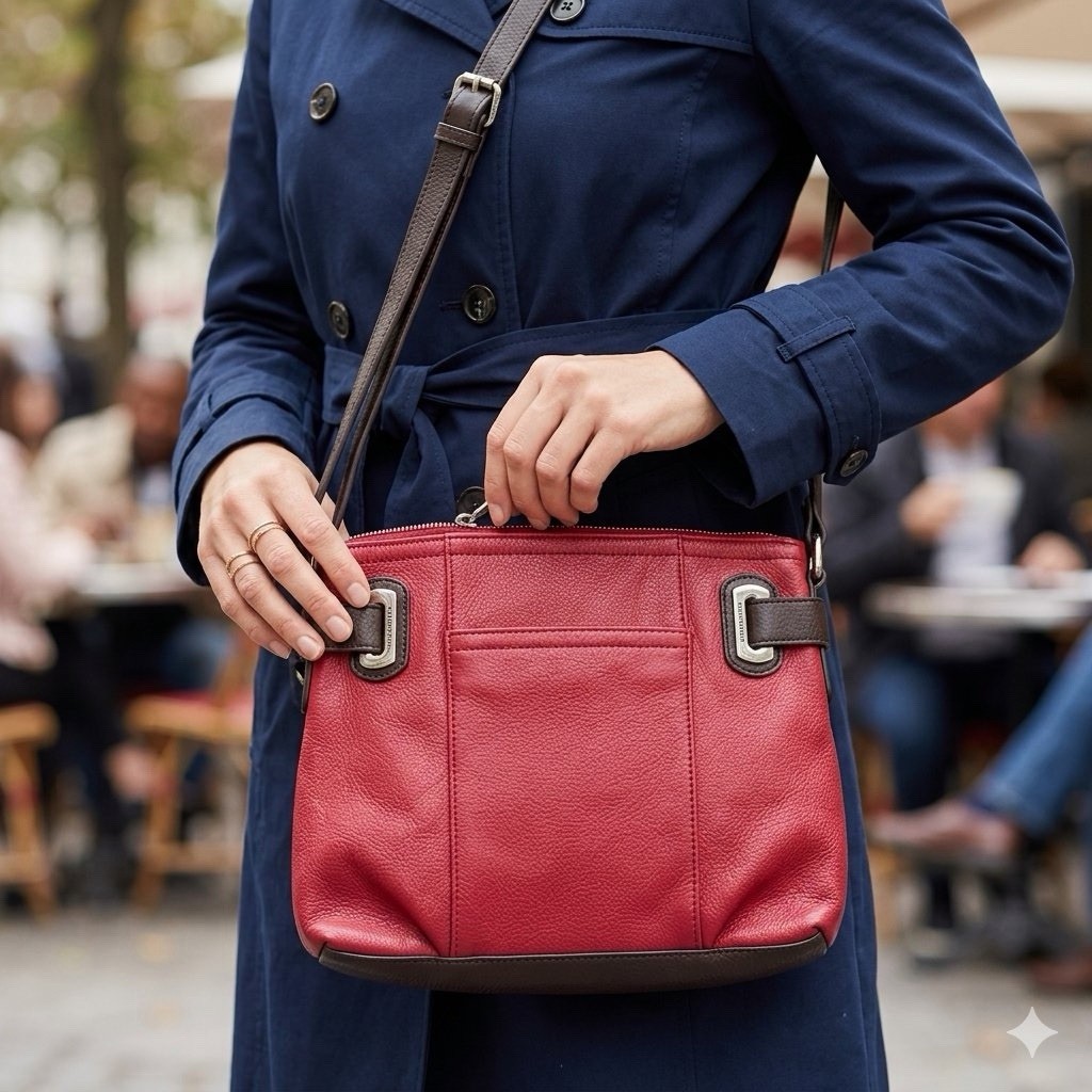 TIGNANELLO Crossbody Bag Pebbled Red Leather Brown Trim Silver Hardware Purse
