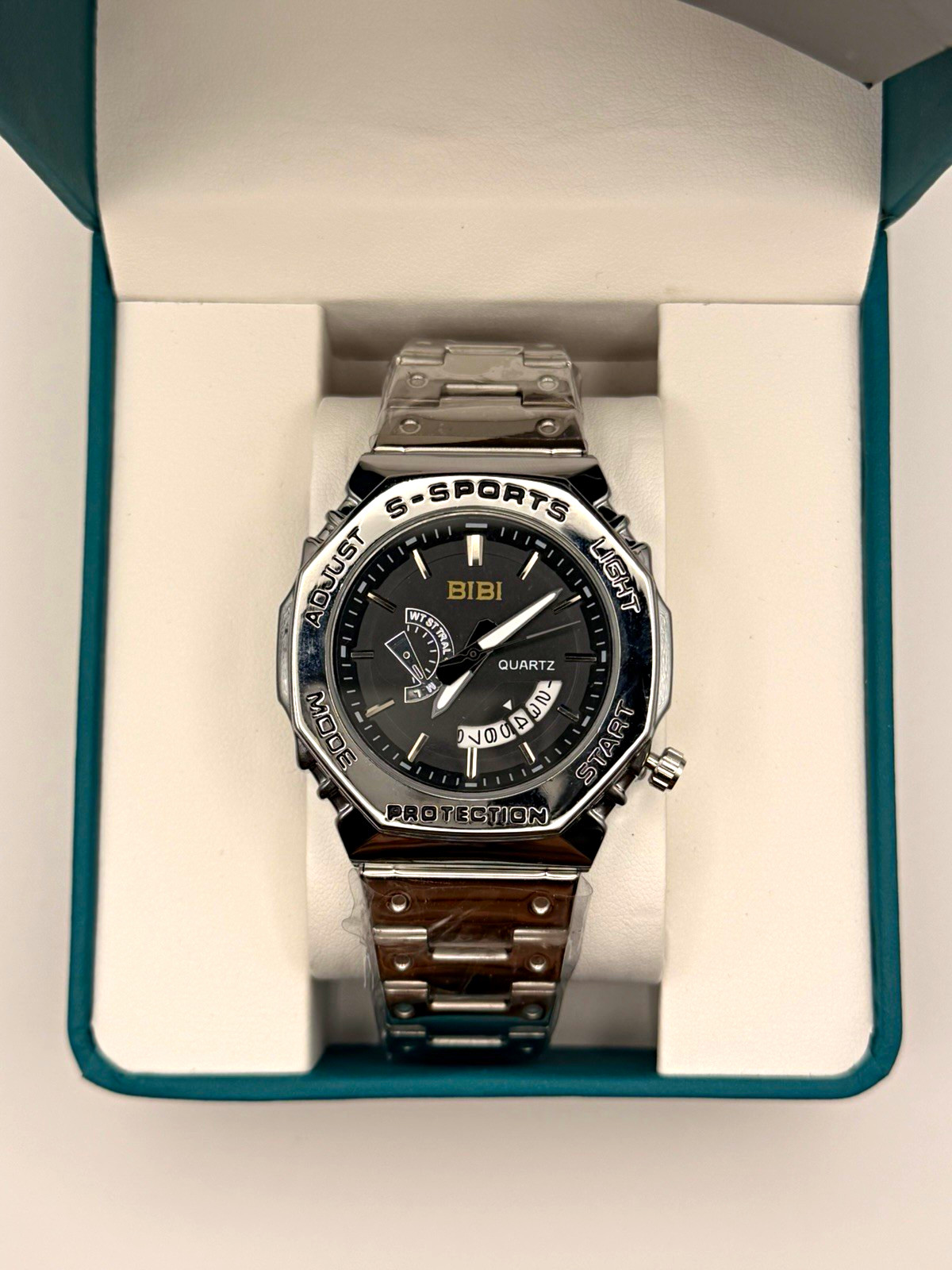 BIBI S-SPORTS Quartz Watch Day/Date Black Dial Silver Tone Bracelet Box BIBI S-SPORTS Quartz Watch Day/Date Black Dial Silver Tone Bracelet Box
