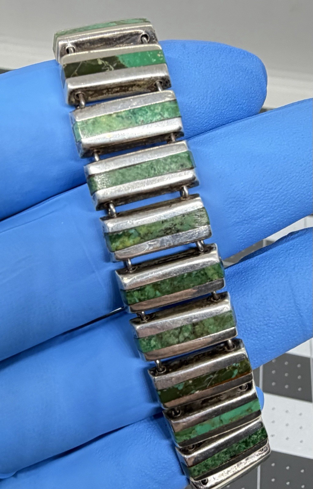 VNT 1950’s Enrique Ledesma Taxco Mexico Sterling Silver Malachite Bracelet
