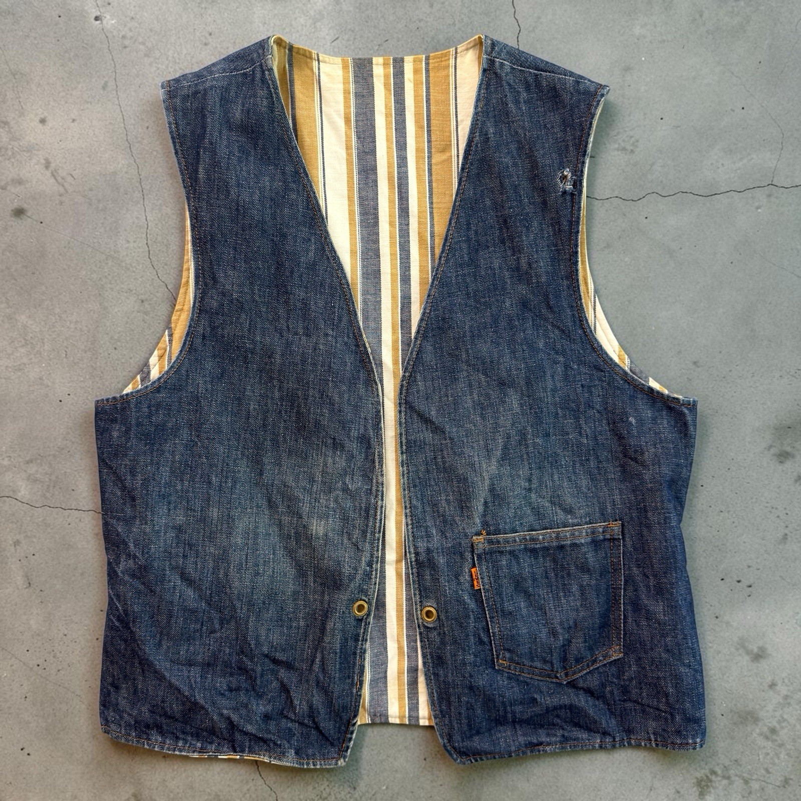 Vintage Levi\'s Big E Reversible Denim Vest Striped Canvas Orange Tab Small