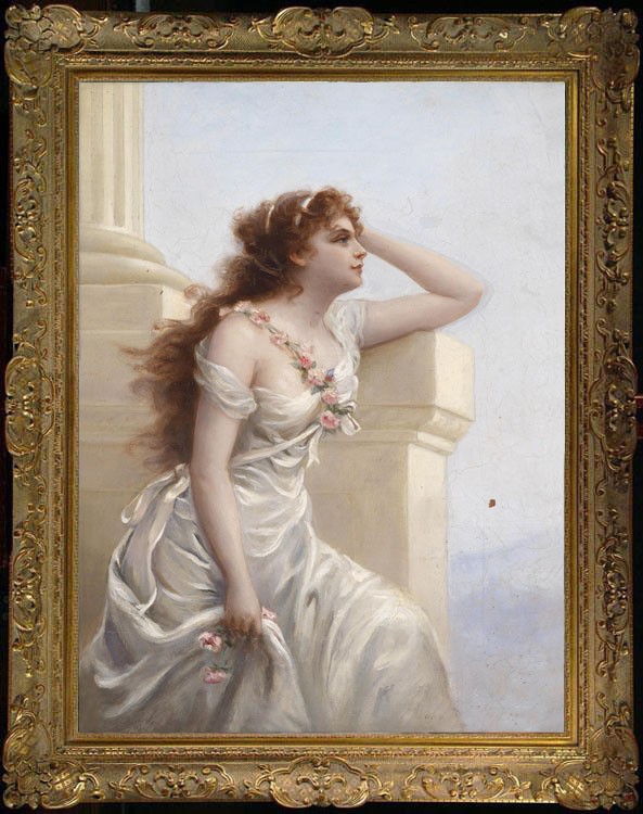 Hand Painted Oil Painting Classical Beauty Lady Portrait White Dress Flower Art