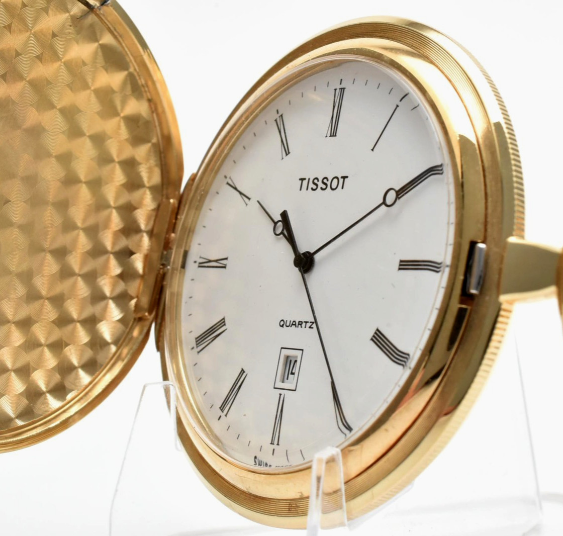 Vintage [EXC+5] Tissot Y573.220 Gold White Dial Roman 50mm Qz Pocket Watch JAPAN