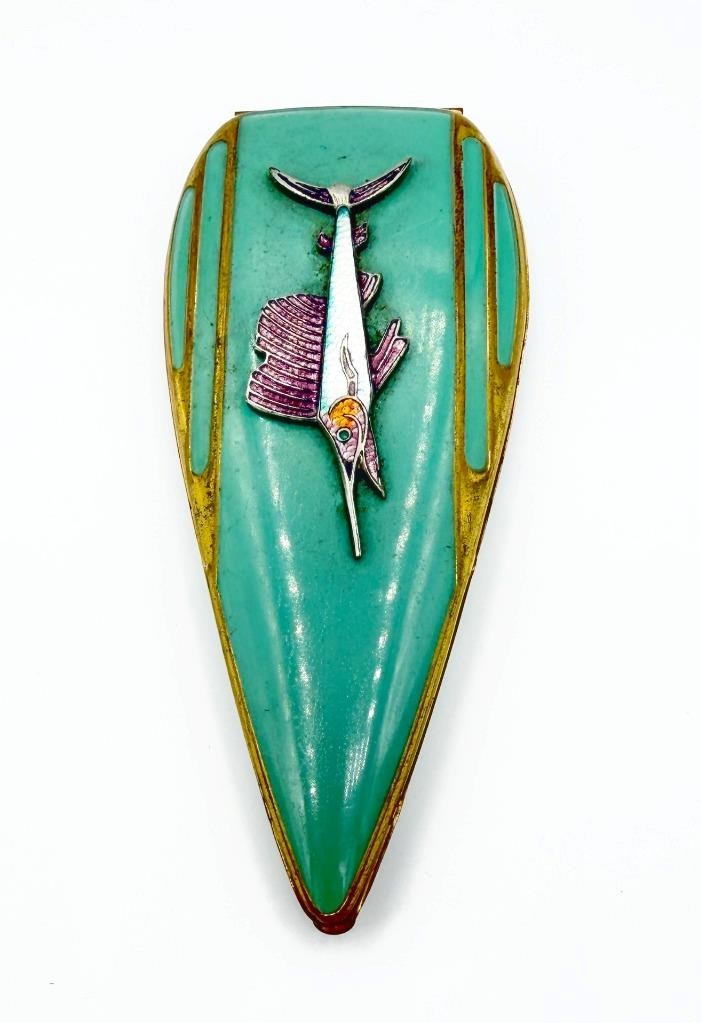 Vintage 1940s Teardrop Elgin American Compact w/ Enamel Marlin Fish BETTY