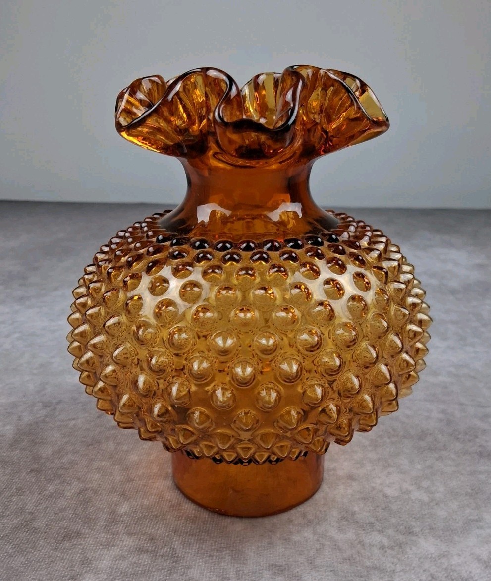 Vintage Fenton Amber Glass Hobnail Parlor Lamp Shade Ruffled Top Fitter Globe Vintage Fenton Amber Glass Hobnail Parlor Lamp Shade Ruffled Top Fitter Globe