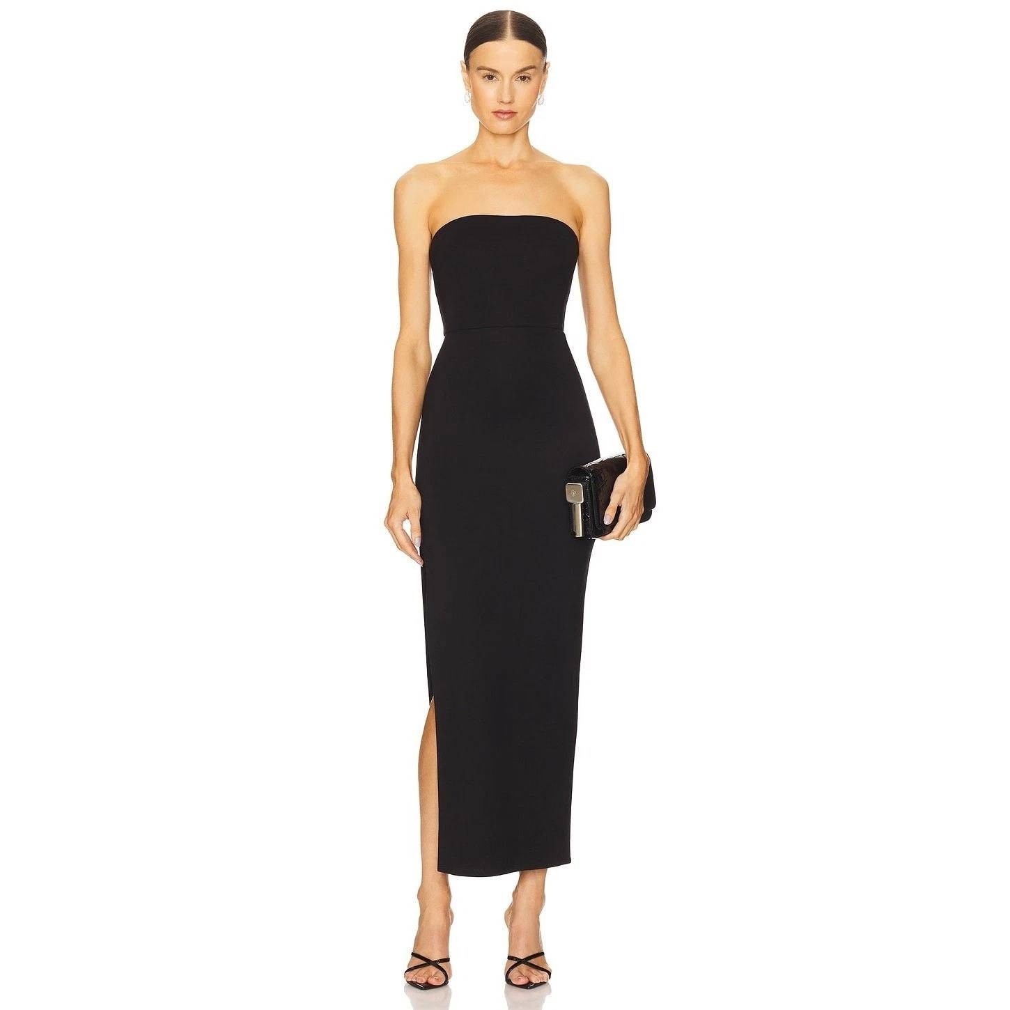 Revolve NBD Black Strapless Maxi Dress High Slit Rayon Blend Size S NEW Cocktail