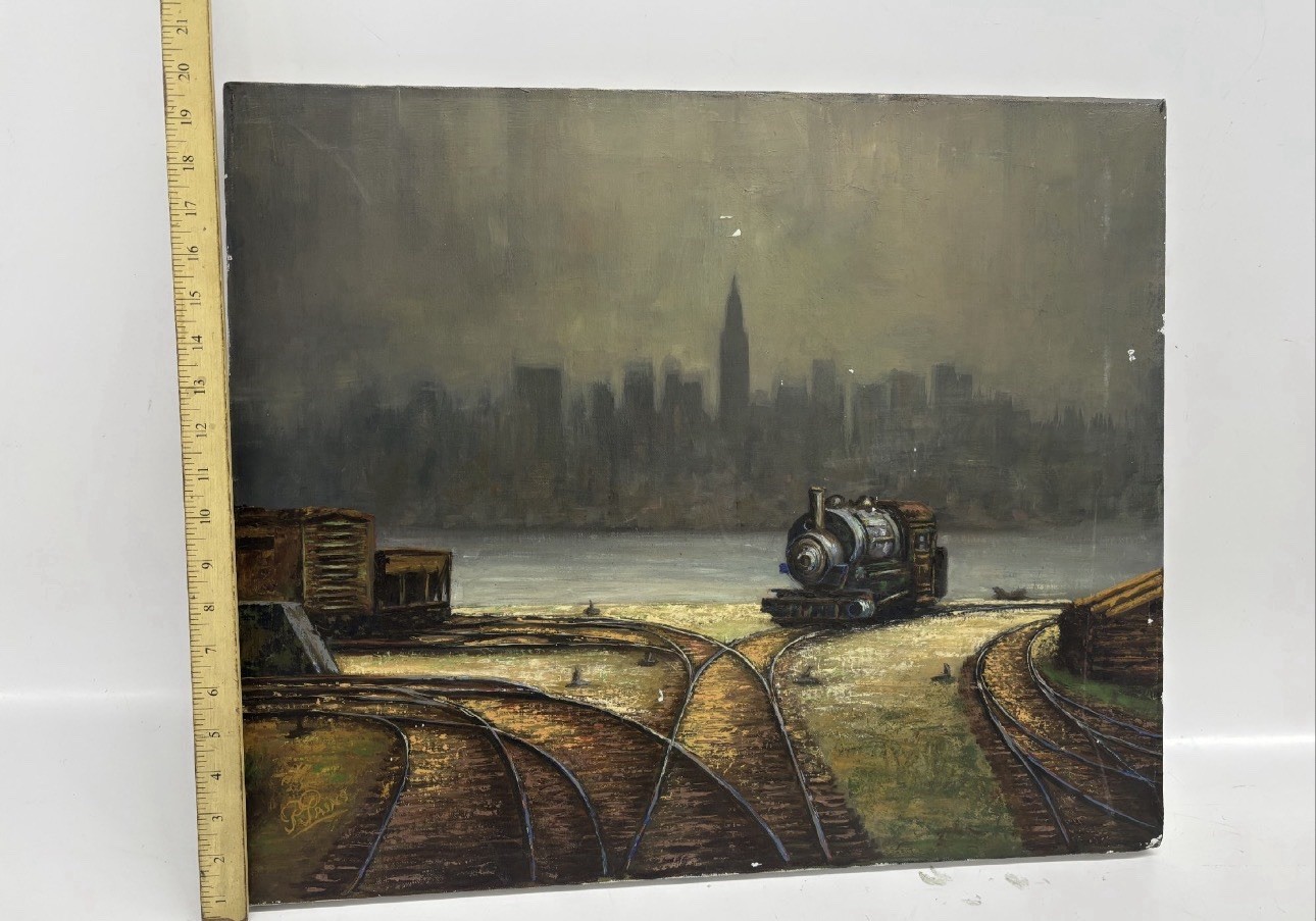 Original Vintage Rick Parks Oil Painting - New York Locomotive Original Vintage Rick Parks Oil Painting - New York Locomotive
