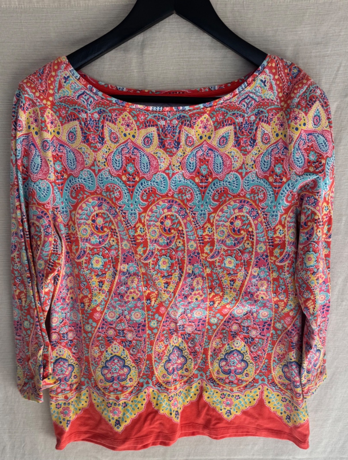 Talbots Paisley Border Print Shirt Womens L Large Coral Aqua Cotton 3/4 Sleeve Talbots Paisley Border Print Shirt Womens L Large Coral Aqua Cotton 3/4 Sleeve