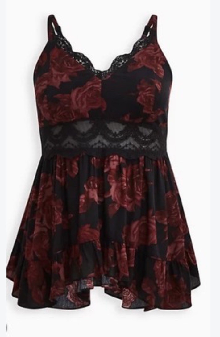 Torrid BABYDOLL TANK CRINKLE GAUZE FLORAL BLACK size 2 Whimsy Goth Witch Goth Torrid BABYDOLL TANK CRINKLE GAUZE FLORAL BLACK size 2 Whimsy Goth Witch Goth