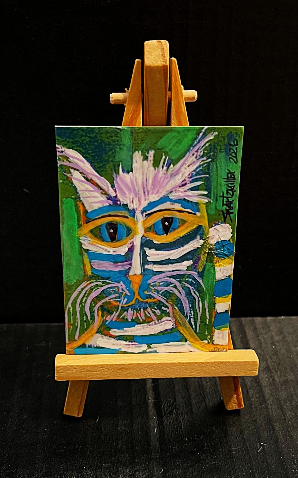 Original COLORFUL CAT painting POP ART ACEO 2.5x3.5 colorful SWARTZMILLER DNA