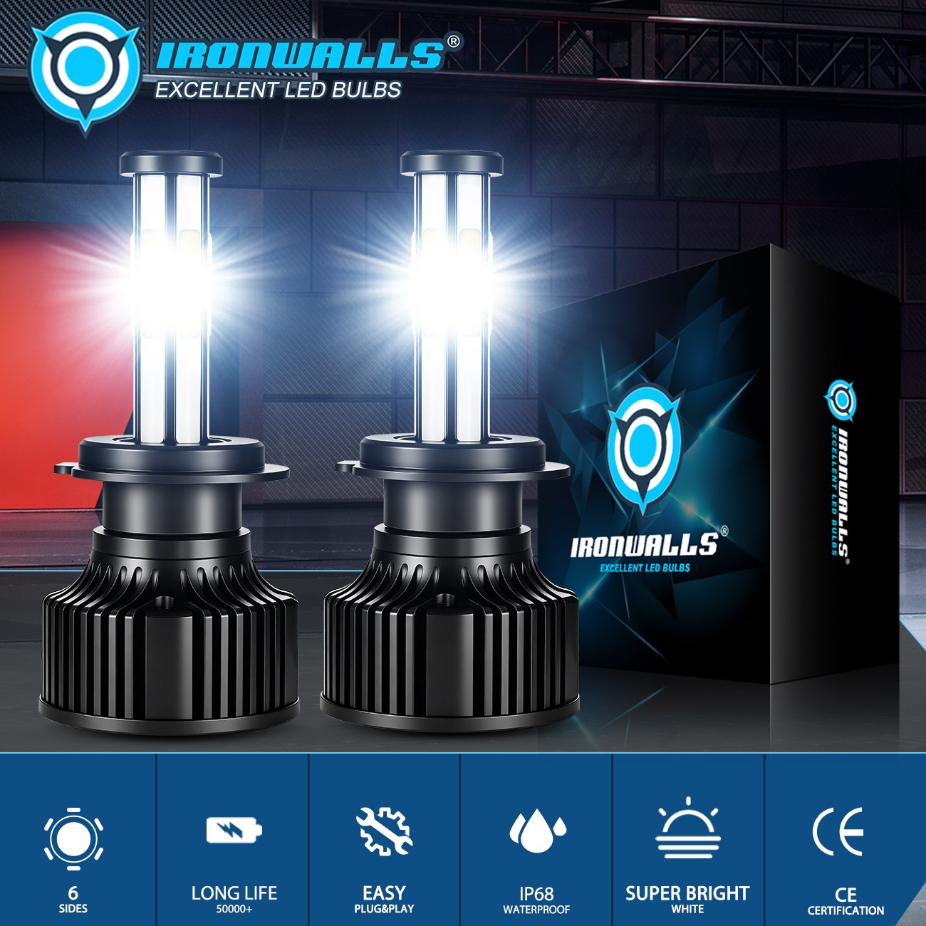 6-sides H7 LED Headlight Super Bright Bulbs 6000K White 1000000LM High/Low Beam