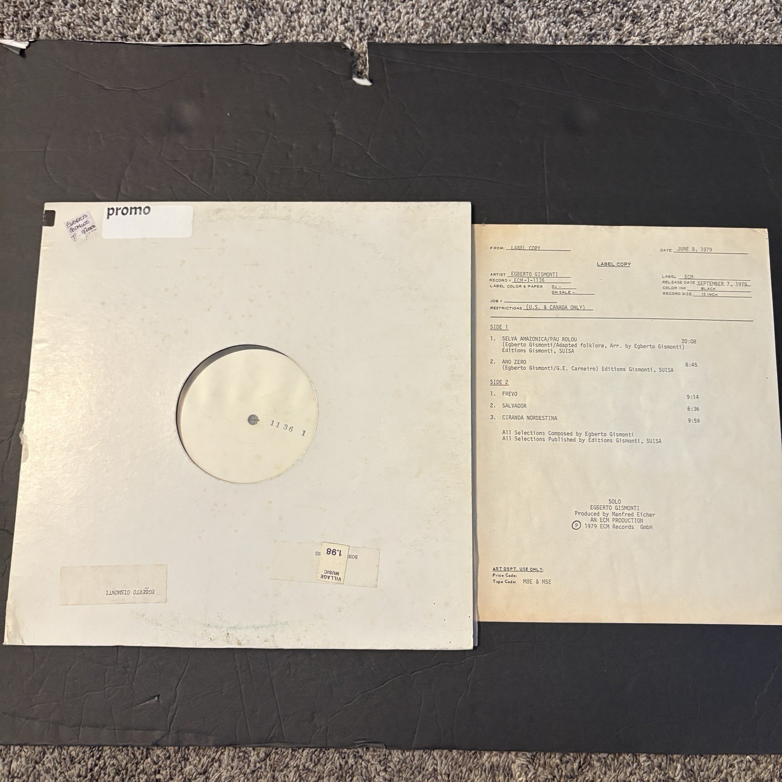 TEST PRESS Egberto Gismonti - Solo ECM 1136 Rare White Label Jazz 1979 Sheet TEST PRESS Egberto Gismonti - Solo ECM 1136 Rare White Label Jazz 1979 Sheet