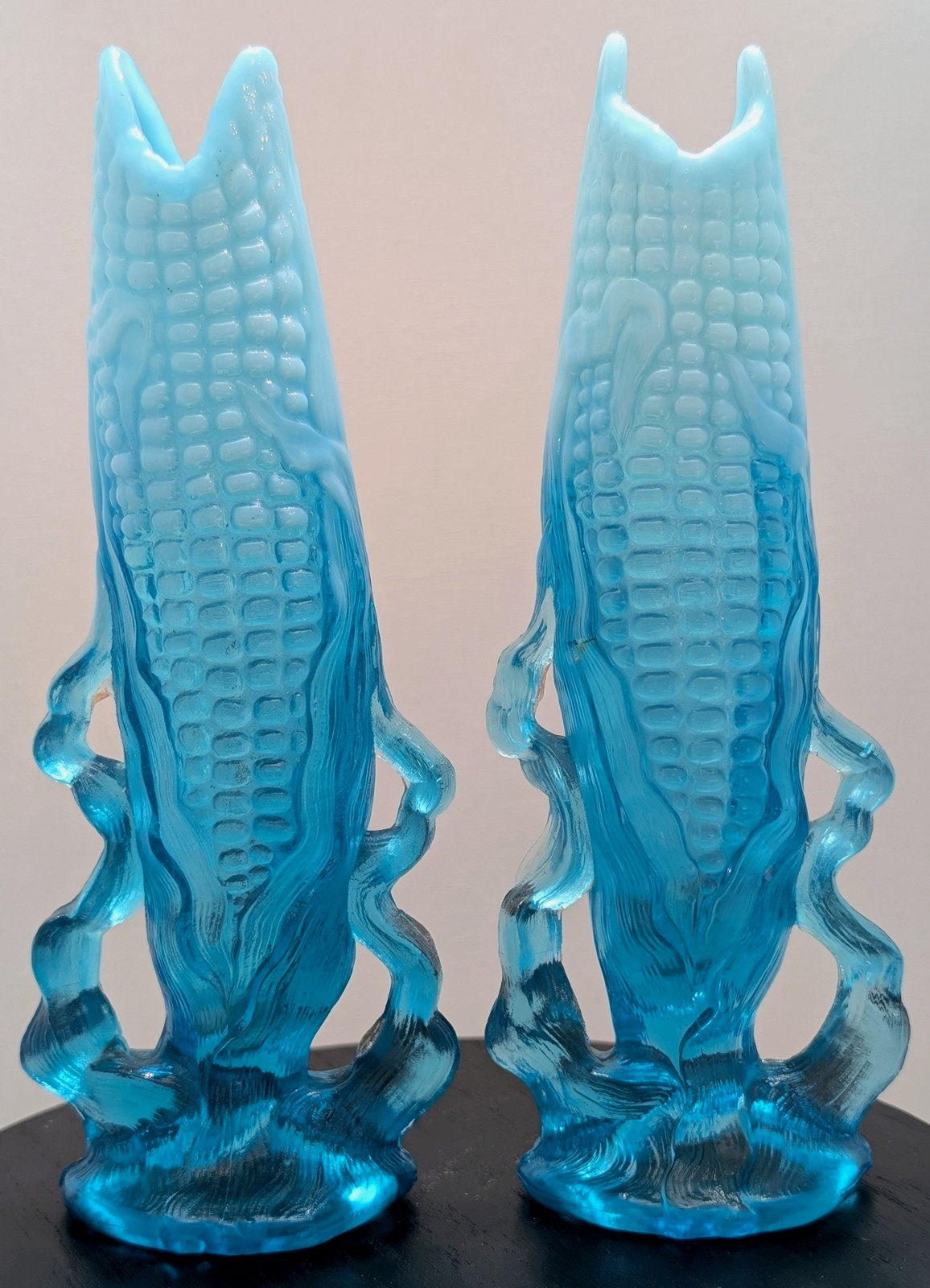 Antq 1902 Northwood 1905 Dugan Blue Opalescent Corn Vases Pair Uranium EAPG 