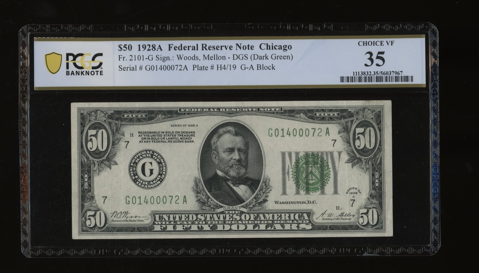 DBR 1928-A $50 DGS FRN Chicago Fr. 2101-Gdgs PCGS-B 35 Serial G01400072A