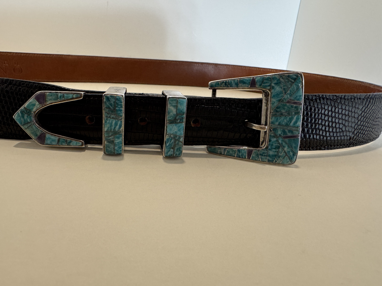 Calvin Begay Dine\' Sterling buckle w/inlay black lizard belt